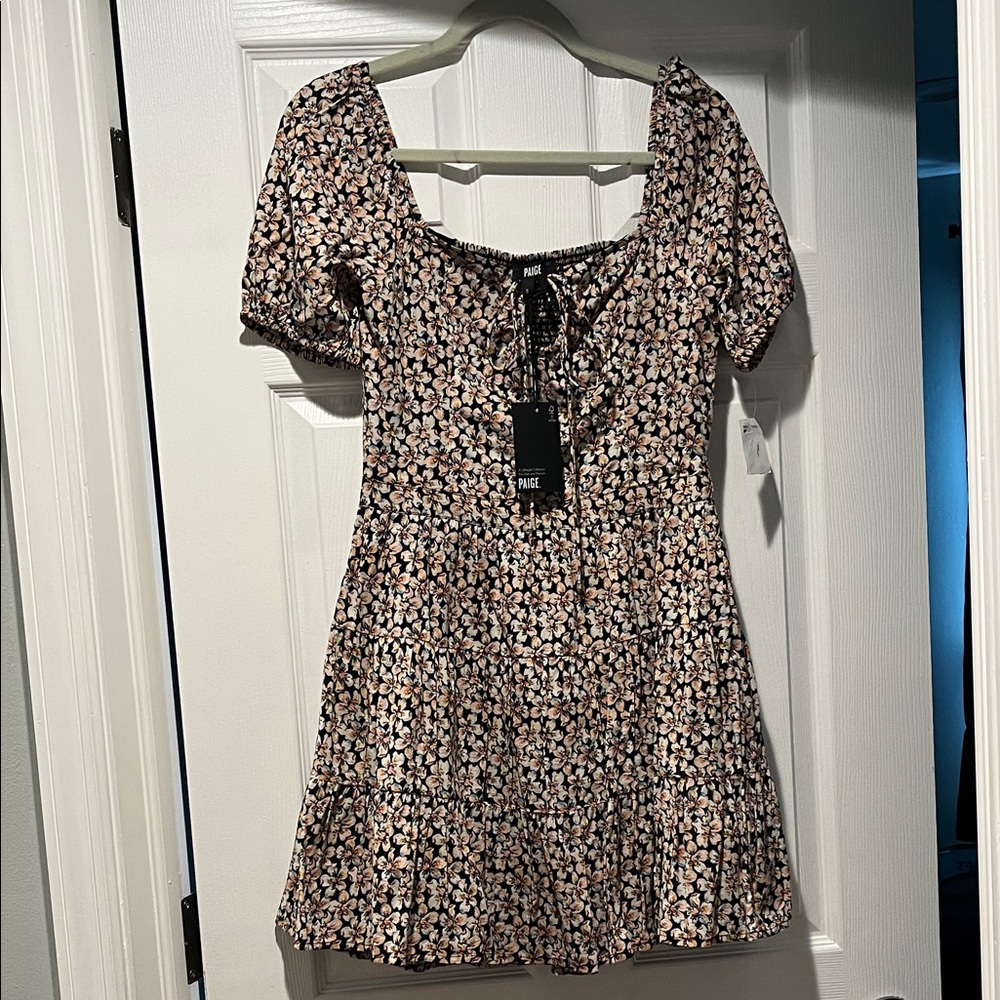 PAIGE Black Mini Dress with Pink Floral Tie Front